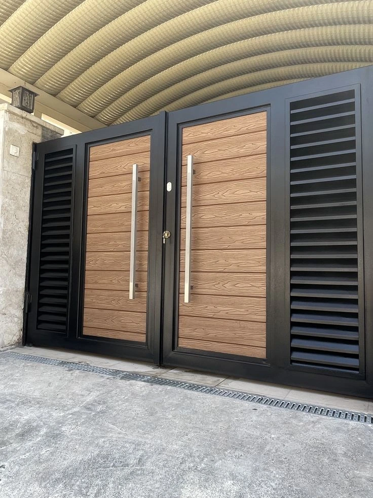 MS Gate Designs 2025 - Grey frame gate with wooden texture panels and gold studs