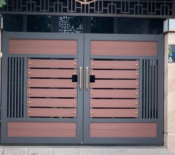 MS Gate Designs 2025 - Satin black frame gate with wood textured MS sheets