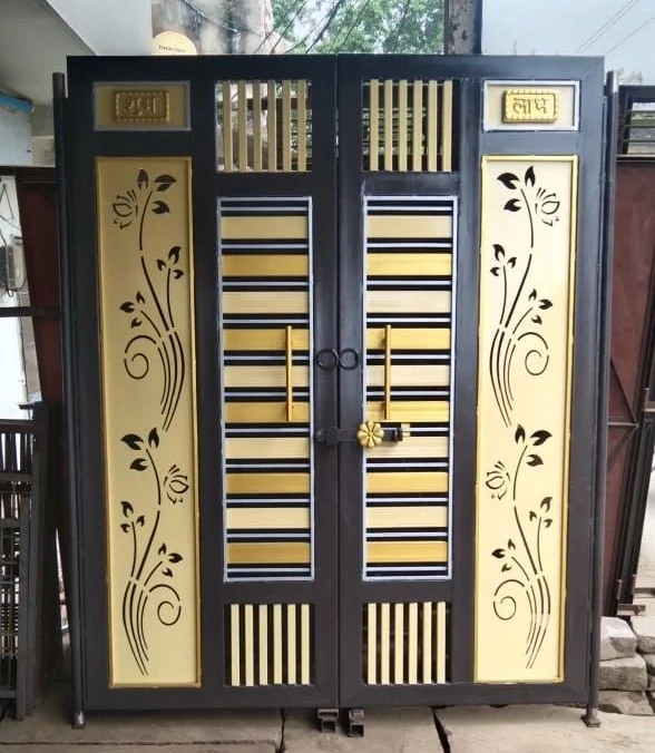 MS Gate Designs 2025 - Installed grey frame with wooden panels and SS long handles