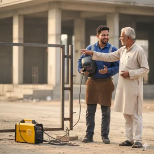 mobile welder discussing welding work with customer
